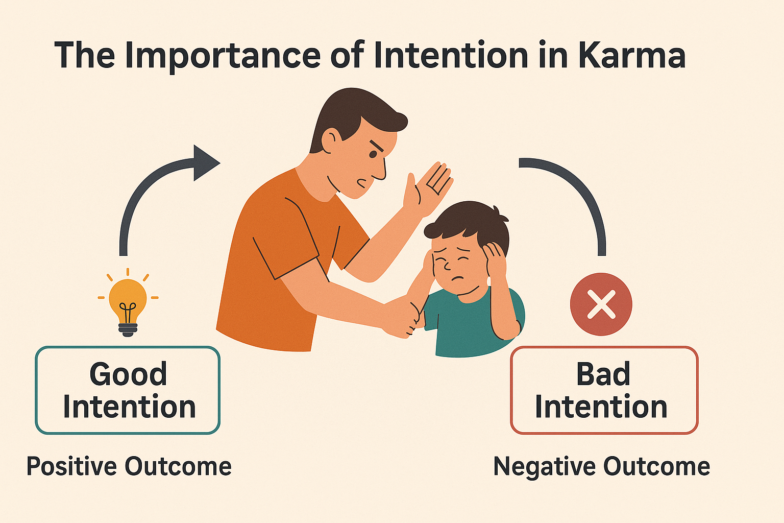 Illustration showing how intention affects karma using a father-son example — comparing positive and negative intentions behind the same action.